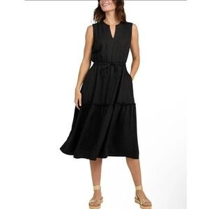 Lands End Midi Dress Womens Large Black Lyocell Sleeveless Tiered Drawstring